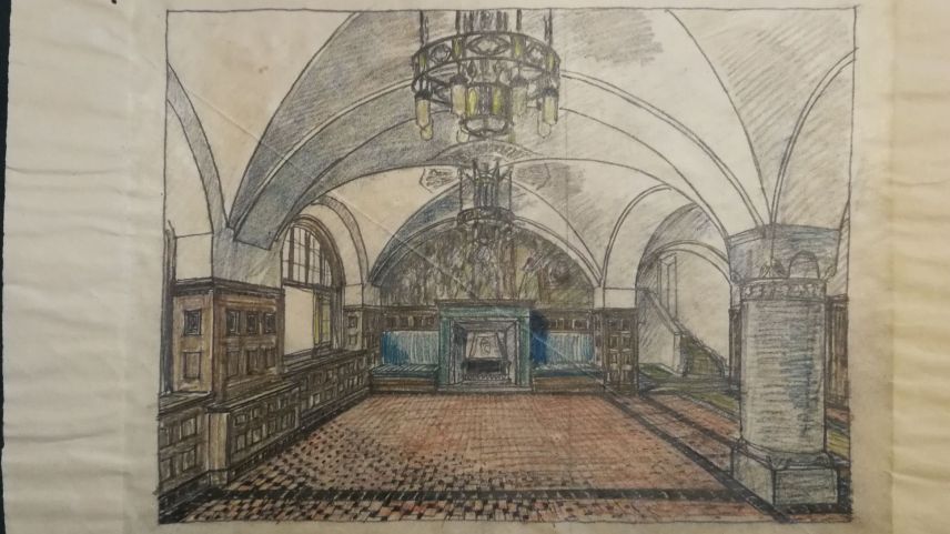 Emil Weber war auch ein guter Zeichner, wie diese Zeichnung von der Halle des Hotels La Margna St. Moritz belegt.
