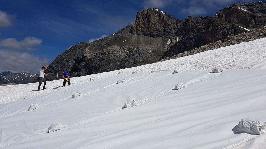 Anfang Juli wurden mehrere Fliessabdeckungen auf dem Gletscher und in schneebedeckten Geländemulden ausgelegt. Foto: Tanja Schöni