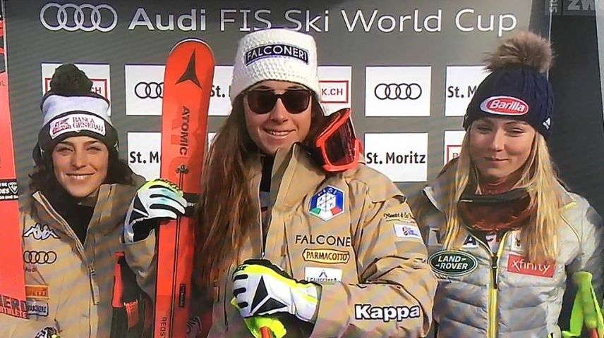 Die Siegerin des Weltcup Super-G-Rennens von St. Moritz: Sofia Goggia (I). Foto: Fotoswiss/Giancarlo Cattaneo