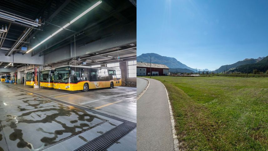 Der alte Standort der Postgarage in St. Moritz Bad (links) und das Gelände in Cho d’Punt in Samedan, auf dem die neue Buseinstellhalle mit Werkstatt gebaut werden soll.  Foto: Daniel Zaugg