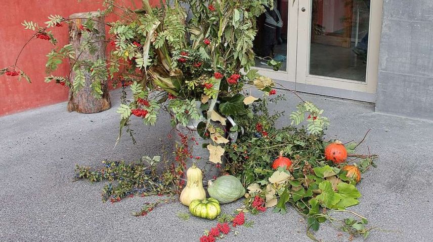 Pella festa d’eira decorada l’entrada in sala cun manzinas da differentas sorts da frus-chaglia (fotografia: Bigna Abderhalden).