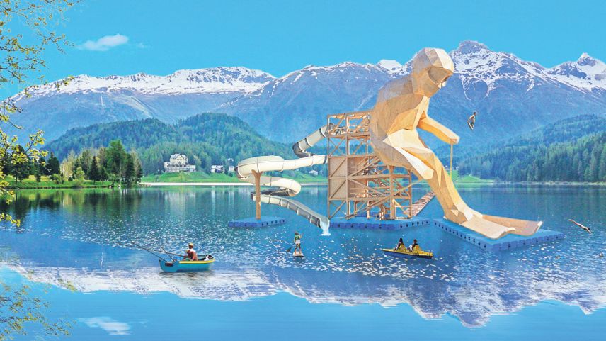 Schon im Sommer wird der St. Moritzersees zum Tummelfeld für Wasserratten und mehr. Mittendrin feiert Ski-WM-Edy ein unerwartetes Comback. Fotomontage: Lucas Kirchen