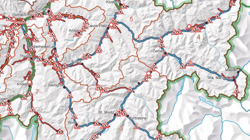 Übersicht über die Strassen-Baustellen 2018. Quelle: Tiefbauamt Graubünden TBA