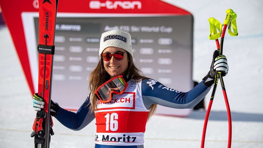 Sie hat den letzten Super-G in St. Moritz gewonnen und ist auch die ganz grosse Favoritin für die beiden Rennen am Wochenende: Sofia Goggia.			
Foto: fotoswiss.com/Giancarlo Cattaneo