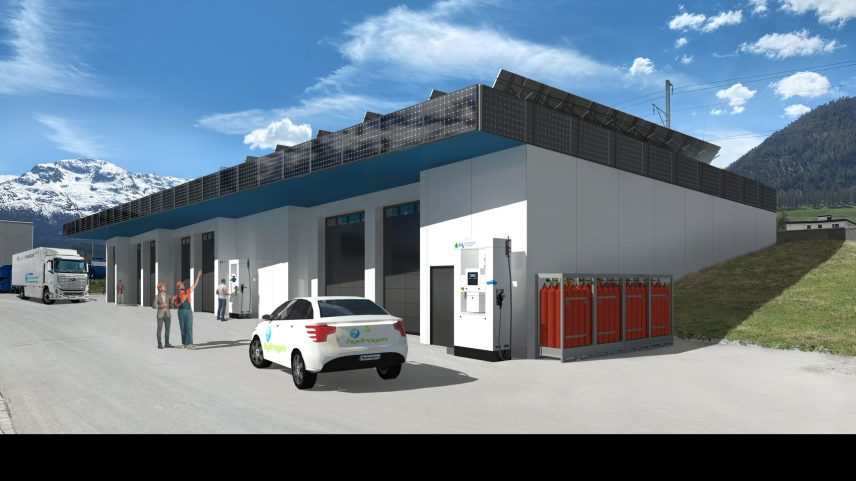 Am Standort des ehemaligen Diesel-Tanklagers im Samedner Gewerbequartier Cho d’Punt soll Wasserstoff produziert werden und die erste Wasserstoff-Tankstelle Graubündens entstehen.  Visualisierung: Idrogen Engiadinais SA