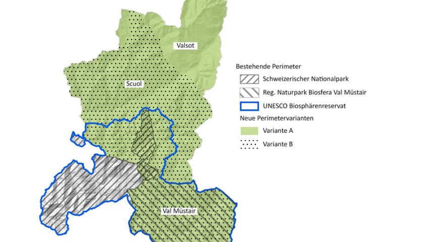 Il proget per schlargiar il Parc da natüra sül perimeter da Scuol e Valsot es gnü sisti (Grafica: Regiun EBVM)