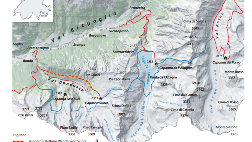 Eine Übersicht der gesperrten und geplanten Routen in der Val Bondasca.
Grafik: swisstopo/z. Vfg.