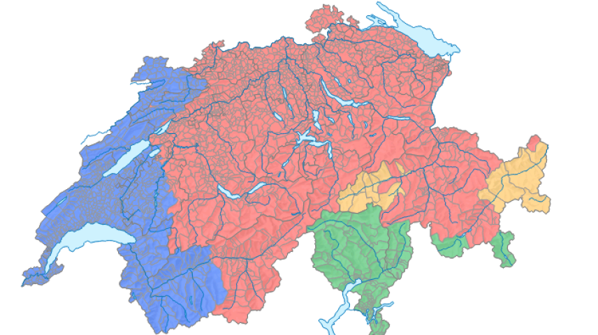 Il territori linguistic rumantsch perda adüna daplü «culur»: rumantsch (gelg), talian (verd), frances (blau) e tudais-ch (cotschen). grafica: BFS