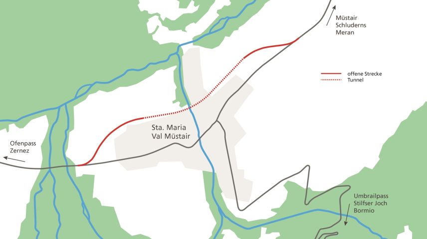 La seguonda varianta proposta da la gruppa accumpagnanta – la varianta nord: ün tunnel suot Sta. Maria via, ma sainza access a la via da l’Umbrail (fotografia: mad).