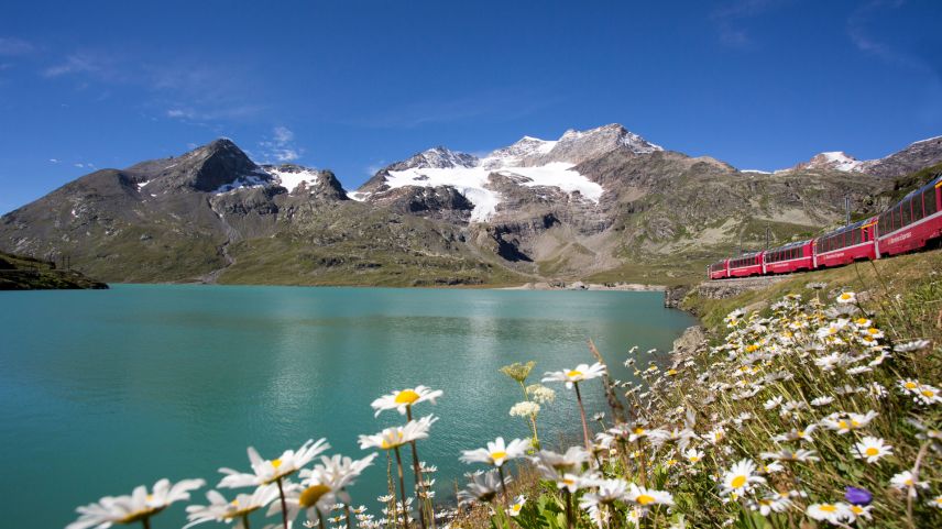Der Berninaexpress unterwegs am Lago Bianco. Foto: Rhätische Bahn