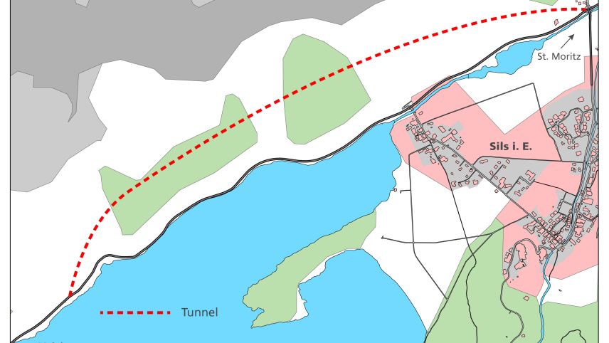 Der geplante, 2,7 Kilometer lange Tunnel zwischen Sils Föglias und Plaun da Lej. Grafik: Staka