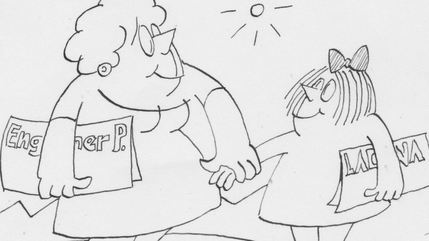 L'editura Myrta Fasser s'algorda i'l P.S. dal temp da naschentscha da la Posta Ladina. Intant es la gazetta dvantada üna giuvenila ferma (caricatura: Günther Ursch).