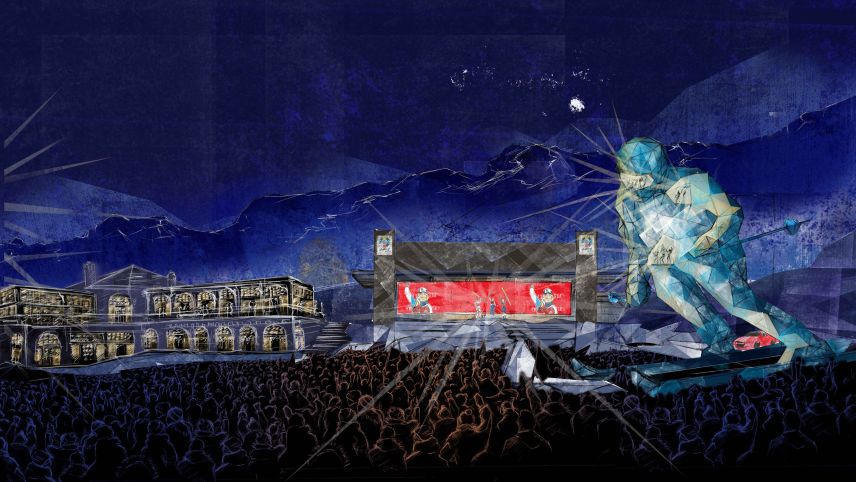 Der St. Moritzer Kulm-Park wird zum zentralen Eventbereich an der Ski WM. Rendering: Aroma AG, Zürich/Ski WM St. Moritz 2017