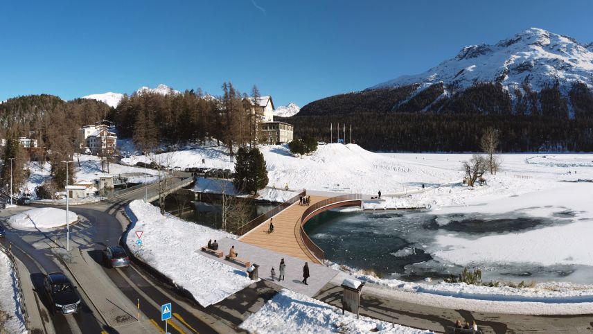 Die neue Brücke mit ihrer sanften Rundung, die den Fussgängerverkehr lenken soll. Visualisierung: Pini Gruppe AG