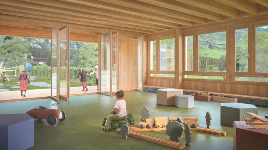 Der Kindergarten. Visualisierung: Quelle ARGE Albertin Architekten Haldenstein / OG 27 St. Moritz