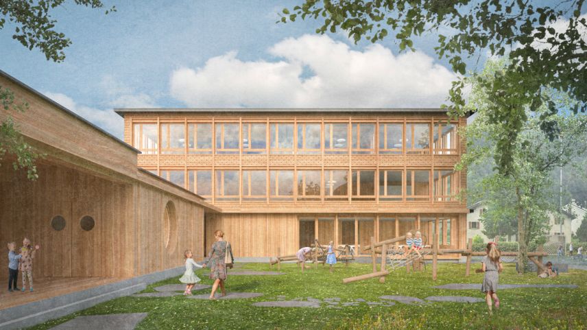 So soll die neue Schule aussehen. Visualisierung: Quelle ARGE Albertin Architekten Haldenstein / OG 27 St. Moritz