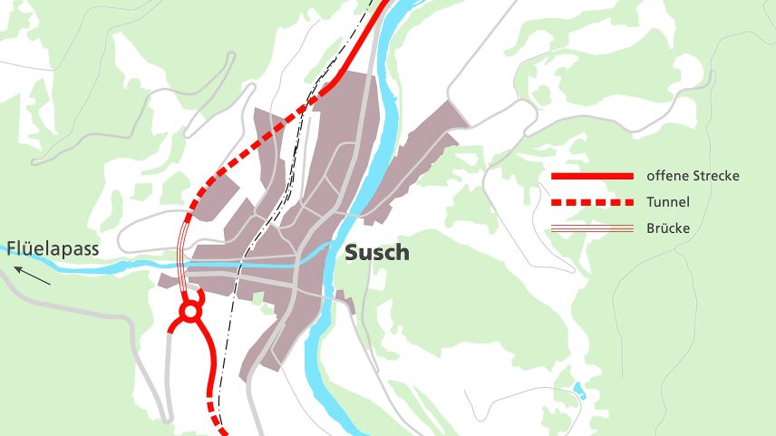 Noch zwei Varianten werden vom Kanton weiterverfolgt, die Westvarianten mit langem und kurzem Tunnel (hier der kurze Tunnel). Illustrationen: Tiefbauamt Graubünden