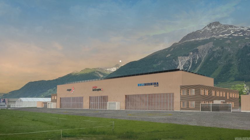 Blick von Westen auf die neue Helikopterbasis in Samedan. Visualisierung: Cilgia Salzgeber