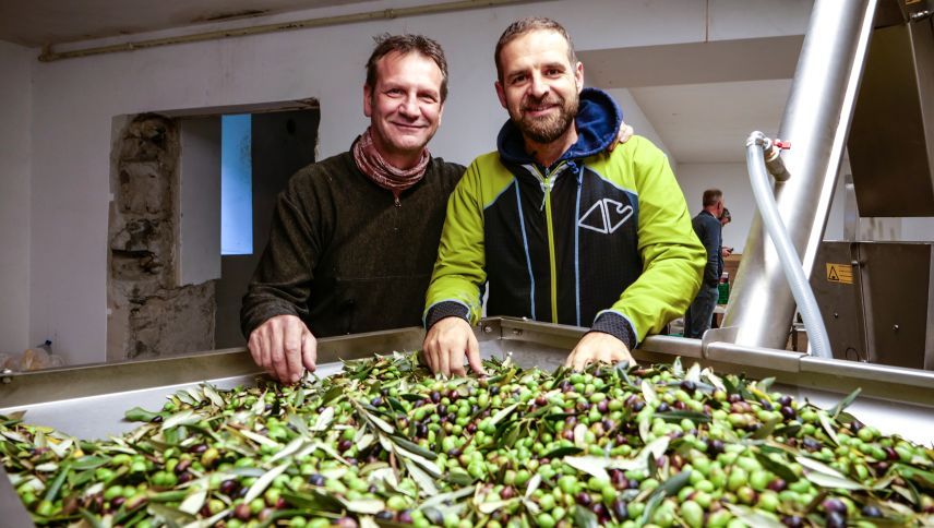 Nicolò Paganini (links) und Tiziano Iseppi mit ihrer Olivenölpresse. Hinter dem Berg-Bio-Olivenöl steckt noch jede Menge Handarbeit.