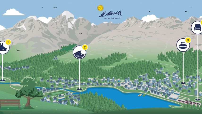 Eis- und Wertstoffhalle sollen nach Islas kommen (1), am See entstehen Freiflächen (2), Curling wäre beim Hotel Kulm geplant (3) und am Bahnhof könnten Wohnungen entstehen (4). Visualisierung: Gemeinde St. Moritz