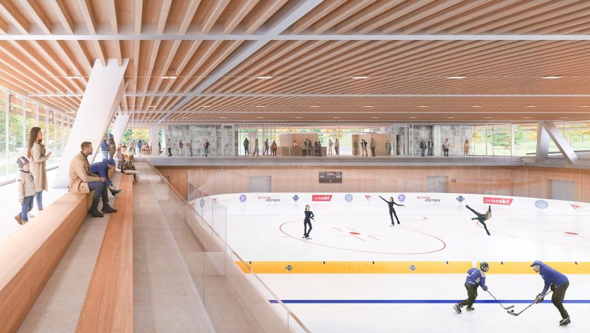 Die Innenansicht der geplanten Eishalle. Visualisierung Penzel Valier AG/Gemeinde St. Moritz