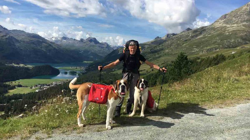 Jasper und Aveline mit ihrem Herrchen Peter Glaus auf dem Weg nach Corviglia. Fotos: Alexandra Wohlgensinger