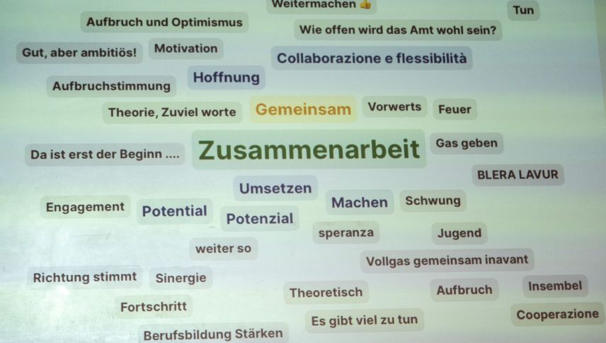 «Zusammenarbeit stärken» als am häufigsten genannter Begriff innerhalb der Handlungsfelder der «Berufsbildungsstrategie 
Südbünden». Foto: Jon Duschletta
