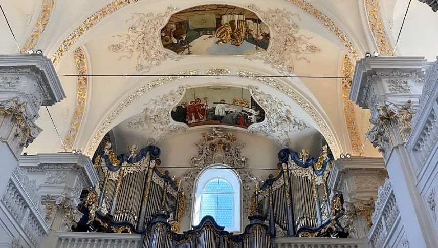 Die prächtigen Deckenmalereien und die Orgel der Klosterkirche Disentis beeindruckten die Reisegruppe aus Pontresina. Foto: Margit Rothwangl