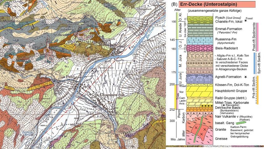 Ausschnitt aus dem geologischen Atlas der Schweiz 1:25'000 bei La Punt-Chamues-ch. Visualisierung: Geologischer Atlas der Schweiz