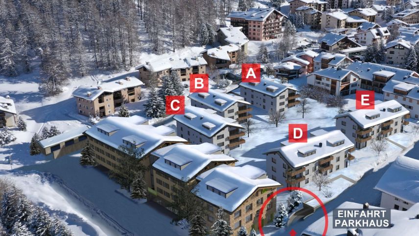 Im Gebiet Foppas in Silvaplana sind fünf Mehrfamilienhäuser A–E und ein Hotel mit 200 Betten (im Vordergrund des Bildes) geplant, aber durch Einsprachen blockiert. Visualisierung: sg-visual.ch