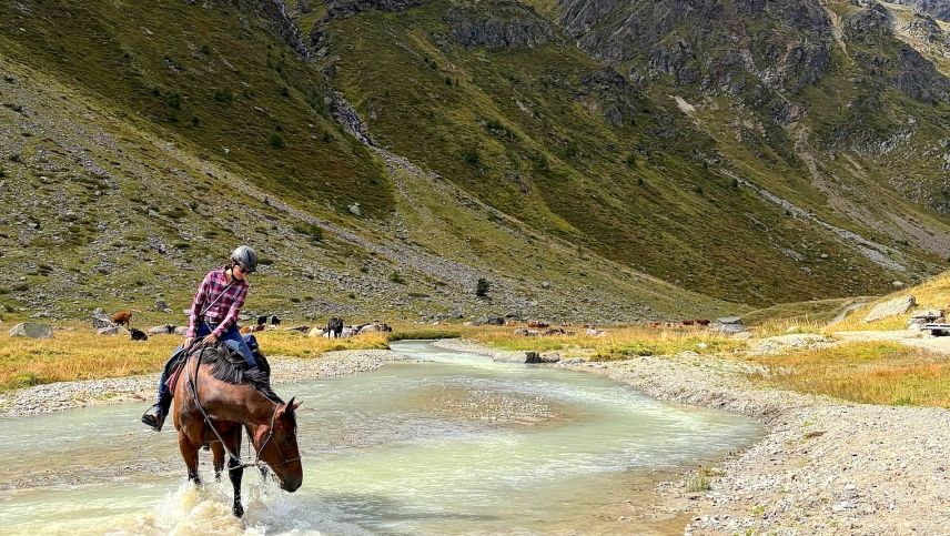 Kein Grund mehr zur Eile: Einst gewann Samurai grosse Rennen, heute erkundet der 13-jährige Wallach mit Valeria Selina Walther die Bergwelt des
Unterengadins – ganz in seinem eigenen Tempo. Foto: z. Vfg.