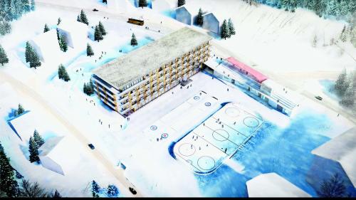So soll das auf dem Rosegplatz geplante Familienhotel «Flaz» Pontresina  mit knapp 200 Betten dereinst aussehen. Visualisierung: z. Vfg