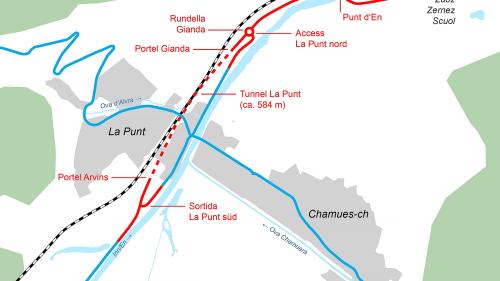 Survista dal nouv sviamaint a La Punt Chamus-ch scu eir dals nouvs access e la rundella in direcziun Madulain. Carta e fotografia: Uffizi da construcziun bassa 