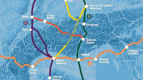 Visualisaziun da la crusch da viafier alpina Terra Raetica. In cotschen as vezza l’axa da las Alps  Basilea –Turich – Bulsan (visualisaziun: Terra Raetica).