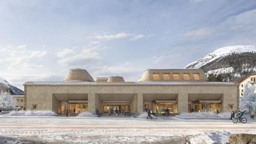 Aussensicht des Innovationscampus InnHub La Punt mit den aus Kostengründen angepassten und optimierten Lichtkuppeln auf dem Dach des Holzbaus. Im März beginnen erste Vorarbeiten, Ende 2028 soll Eröffnung sein. Bild: Foster + Partners