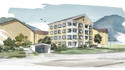 So könnten die Wohnhäuser in den Gebieten Promulins und Cristansains aussehen. Die Kirchgemeinde Oberengadin, Refurmo, gibt das Land der Mietergenossenschaft Insembel im Baurecht ab. Visualisierung: Cornelia Gann